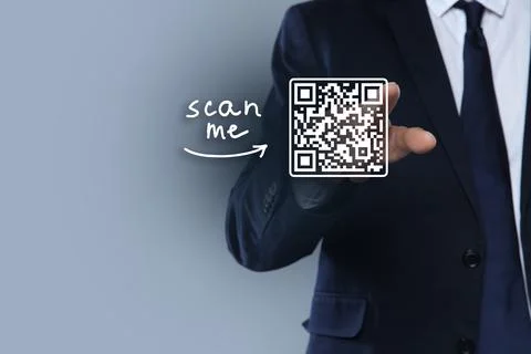 Man pointing at illustration of QR code on light grey background, closeup Foto stock
