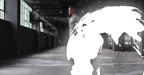 Man pointing in industrial space with digital globe and code overlay animation Stock Footage 328316117