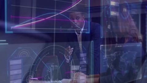 Man pointing, initiating data discussion in business meeting with holographic Stock Footage 334312732