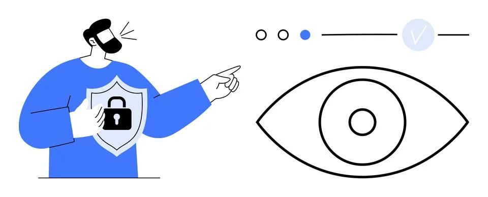 Man pointing at interface with dots and checkmark. Shield with lock symbolize Illustrazione stock