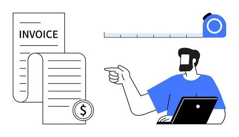 Man Pointing at Invoice with Dollar Symbol on Scroll Near Measuring Tape an.. Stock Illustration