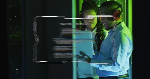 Man pointing laptop while woman leaning in, HUD flickering and initiating code Stock Footage 334183036
