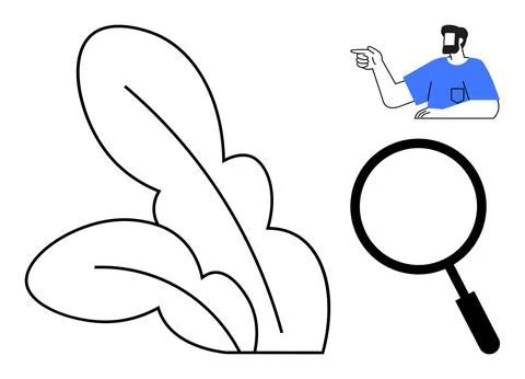 Man pointing at large abstract leaves and a magnifying glass illustration, .. 스톡 일러스트