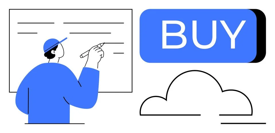 Man pointing at large BUY button with cloud element. Ideal for e-commerce, on Stock Illustration