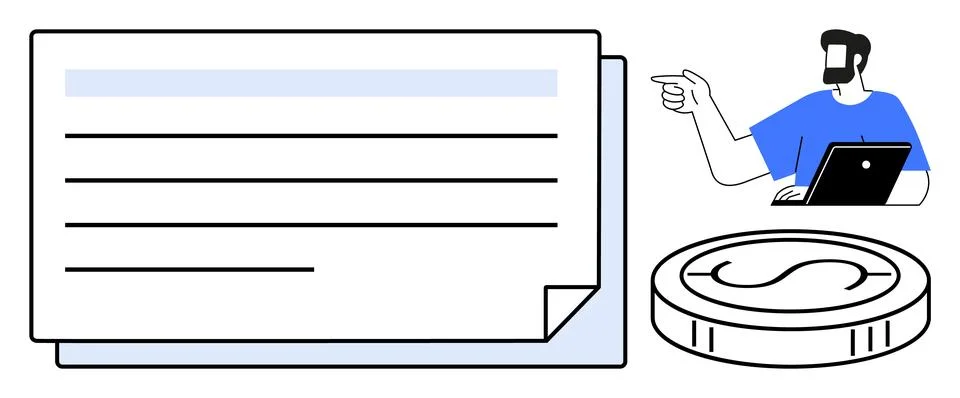 Man pointing at a large document next to a coin, symbolizing financial plan.. Stock Illustration
