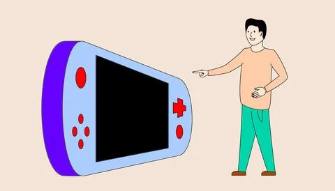 A man pointing at a large purple and blue game console Stock Illustration