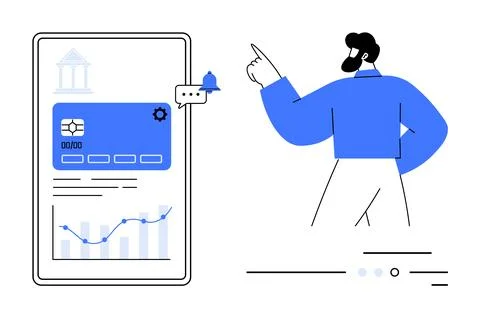 Man pointing at large tablet screen displaying online banking interface with  Stock Illustration
