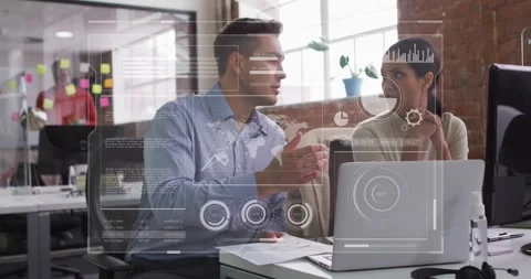 Man pointing papers at laptop, causing HUD charts while woman listening, Stock Footage 330194506