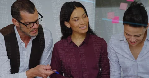 Man pointing pen initiating code projection while technology team noting on Video stock 312071472