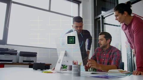 Man pointing phone, explaining tech, causing animated green grid expanding over Stock Footage 333720340