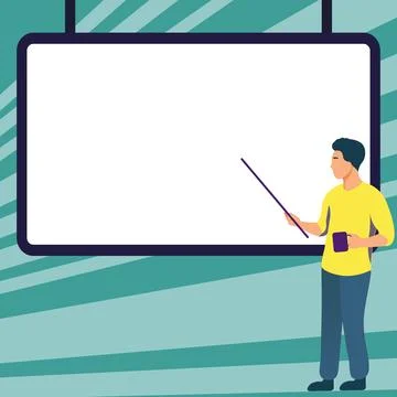 Man pointing with pointer stick to important information written on whiteboard Stock Illustration