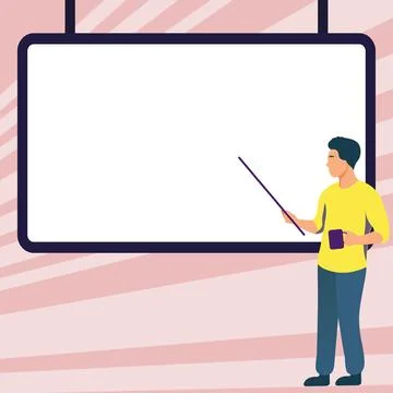 Man pointing with pointer stick to important information written on whiteboard Illustrazione stock