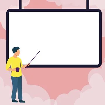 Man pointing with pointer stick to important information written on whiteboard Stock Illustration