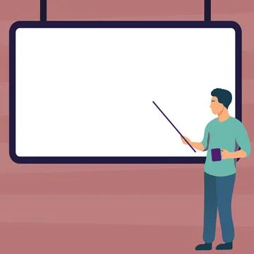 Man pointing with pointer stick to important information written on whiteboard Stock Illustration