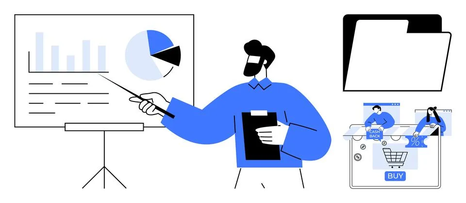 Man pointing to presentation board with charts, holding clipboard. Folder ico Stock Illustration