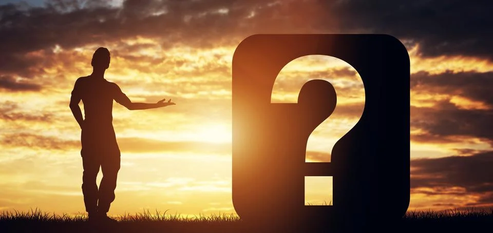 Man pointing at question sign. 3D render. Stock Photos