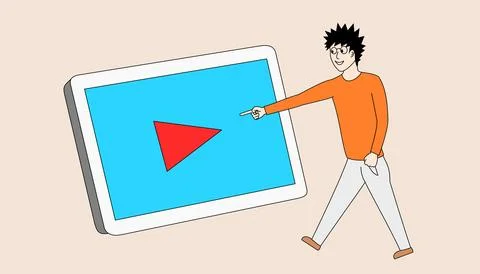 A man pointing at a screen and play button in the middle Stock Illustration