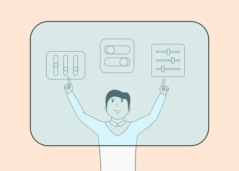 Man is pointing at a screen with a blue background Stock Illustration