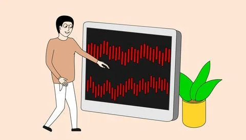 A man pointing at a screen with red lines on it Stock Illustration