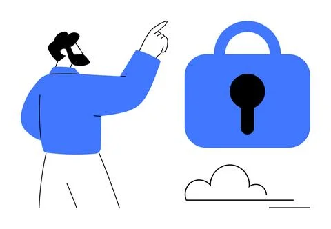 Man Pointing at Security Lock Symbol with Cloud Stock Illustration