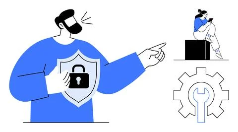 Man pointing with shield lock symbol on chest, seated person using smartphone 스톡 일러스트