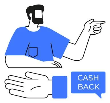 Man pointing with simplified hand gesture next to cashback text within spee.. 스톡 일러스트