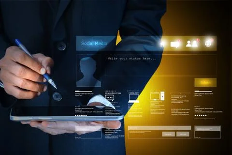 Man pointing the social network in tablet screen Stock-Illustration