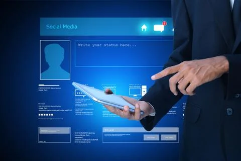 Man pointing the social network in tablet screen Stock Illustration