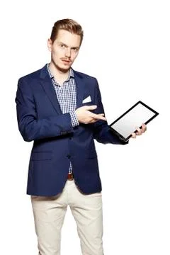 Man pointing something on tablet Stock Photos