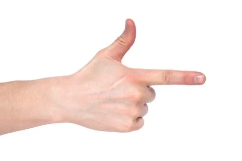 Man pointing at something on white background, closeup of hand. Man showing n Stock Photos