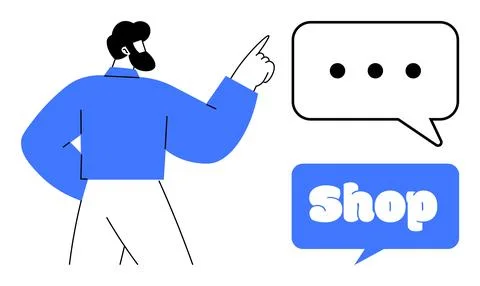 Man Pointing at Speech Boxes Highlighting Shopping and Communication Emphasis Illustration