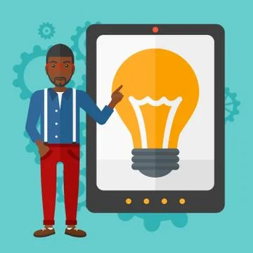 Man pointing at tablet computer with light bulb on screen Stock Illustration