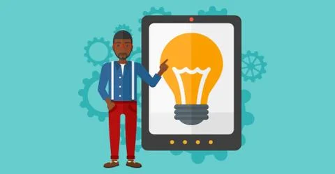 Man pointing at tablet computer with light bulb on screen Illustrazione stock