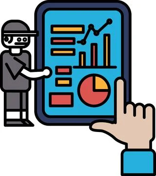 A man is pointing at a tablet with a graph on it Stock Illustration