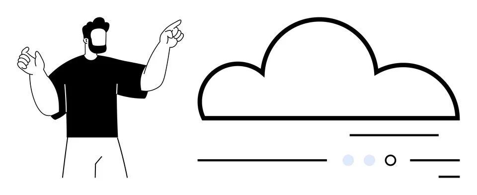 Man Pointing Towards Cloud Icon Representing Cloud Computing and Data Stora.. Illustrazione stock