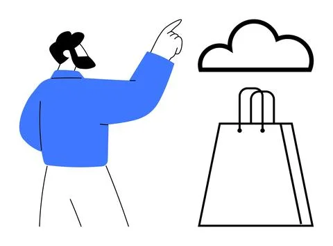 Man pointing towards cloud icon next to a shopping bag, illustrating cloud-.. Stock Illustration