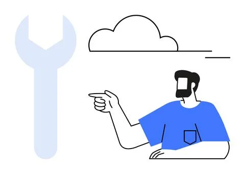 Man Pointing Towards Cloud with Large Wrench, Suggesting Modern Solutions a.. Stock Illustration