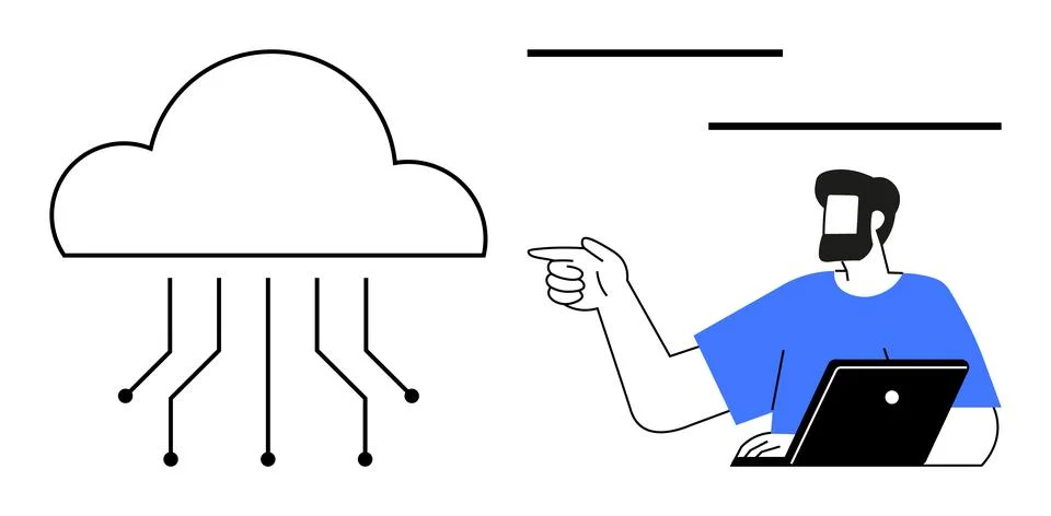 Man Pointing Towards Cloud Technology Integration with Laptop, Highlighting.. Stock Illustration