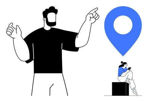 Man pointing towards large location marker, woman sitting on block using tabl Illustrazione stock