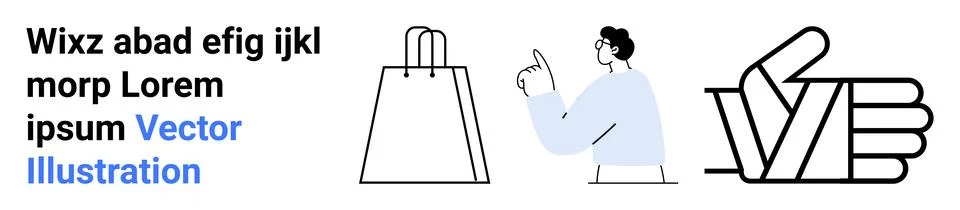 Man pointing towards text, shopping bag, and thumbs up icons illustrate e-com Stock Illustration