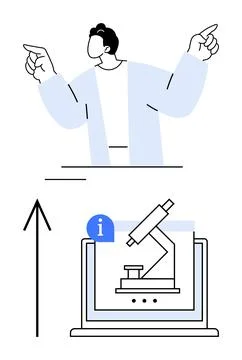 Man pointing upwards with microscope on laptop screen and informational ico.. Stockillustratie