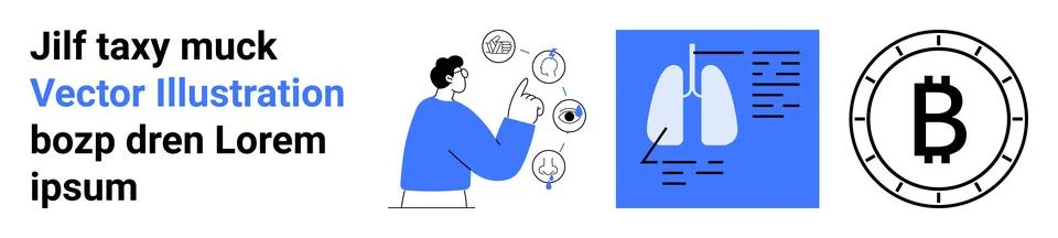 Man pointing at virtual elements, lungs chart for healthcare, Bitcoin symbol. Illustrazione stock
