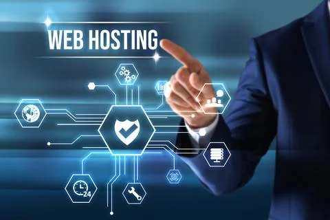 Man pointing at virtual icon with phrase Web Hosting on color background, c.. Stock Photos