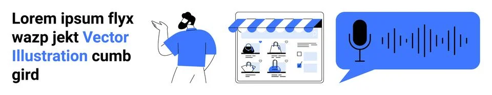 Man pointing at website on screen, store interface with shopping icons, speec Illustrazione stock