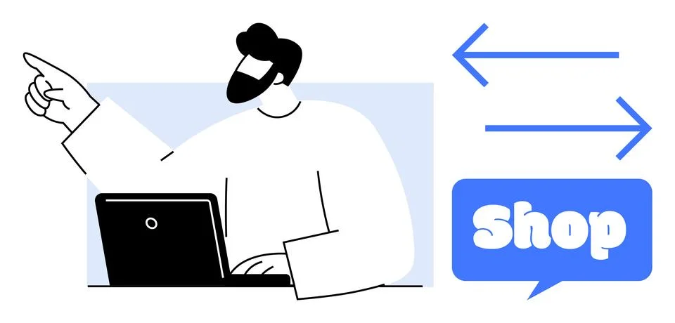 Man Pointing While Using Laptop Near Shopping Arrows Icon Illustrazione stock