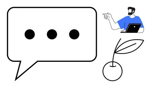 Man Pointing While Using Laptop, Speech Bubble With Dots, Cherry With Leaf Stockillustratie