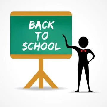 Man points to back to school word on green board stock vector Stock Illustration