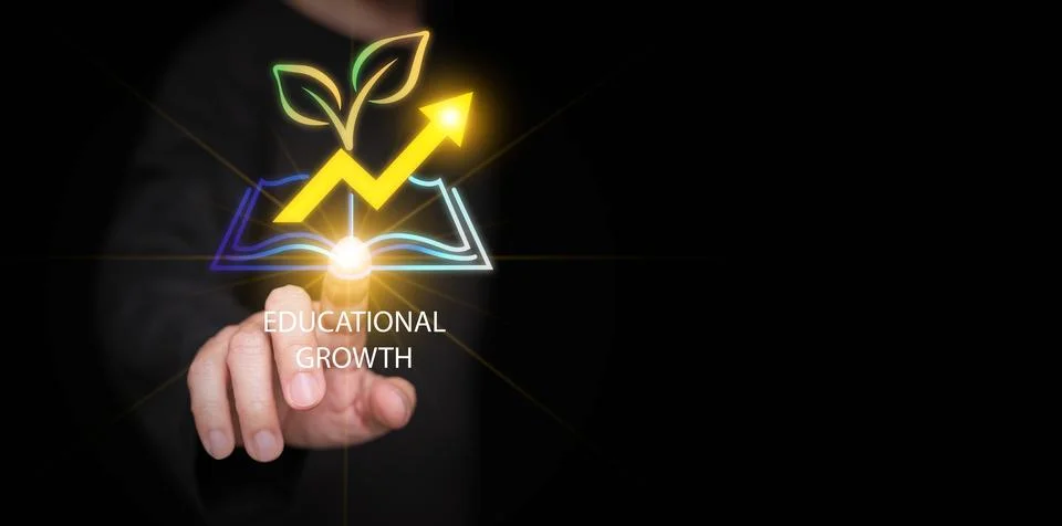 Man points at digital icon of open book with rising arrow and green leaves .. Stock Photos