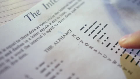 Man points finger to dots and symbols depicted in book Video stock 230038279