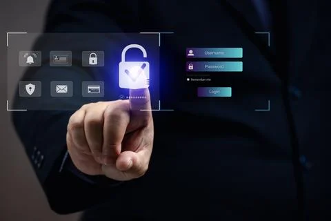 Man points at key security on virtual screen. The privacy protection safety.. Stock Photos